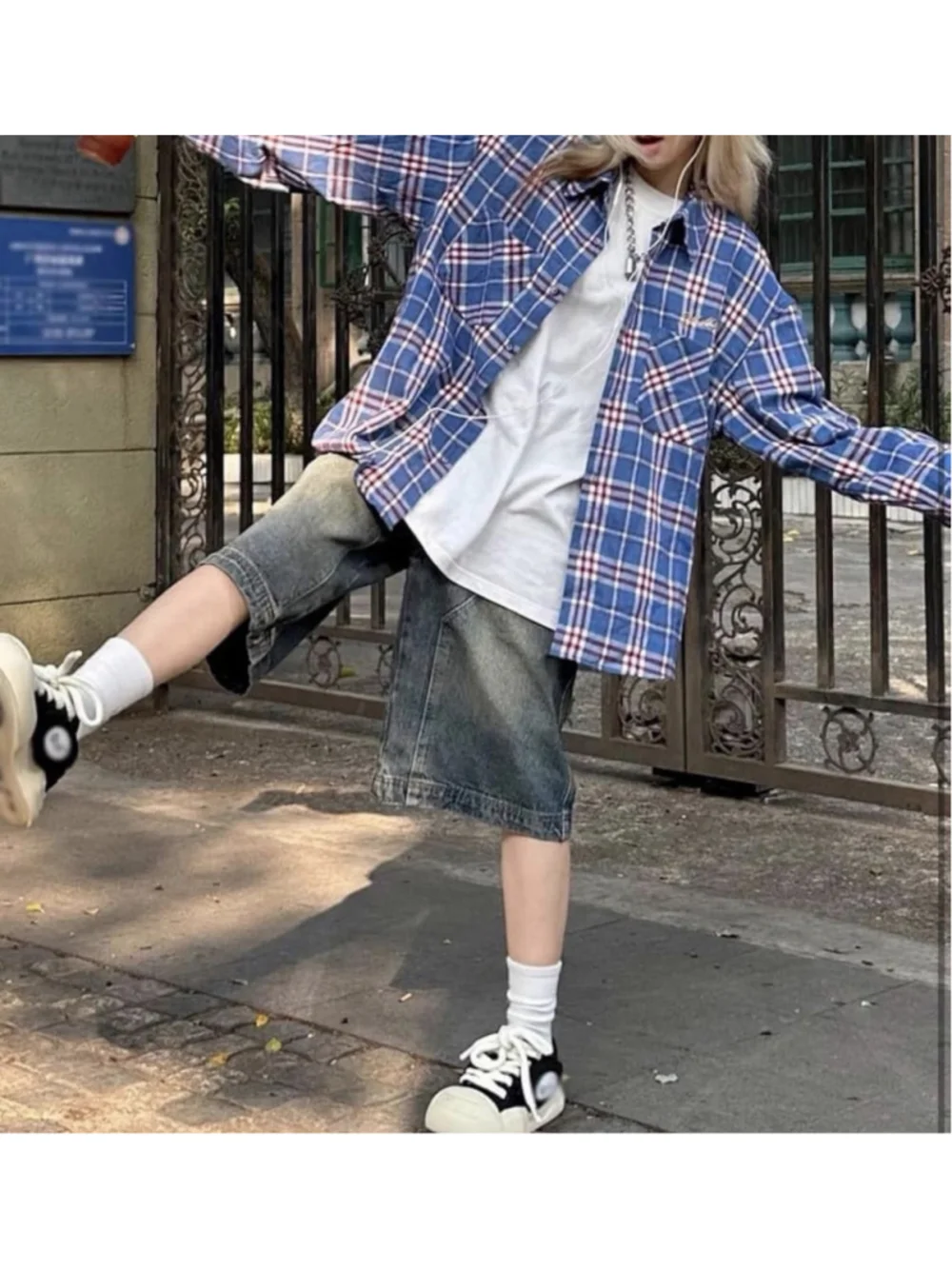 Micas Knee Length Long Straight Leg Denim Bermuda Shorts Y2K Vintage Streetwear